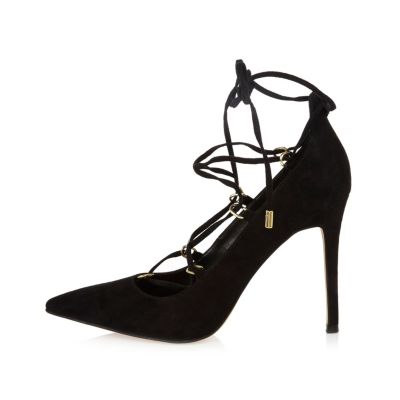 Black lace-up court heels